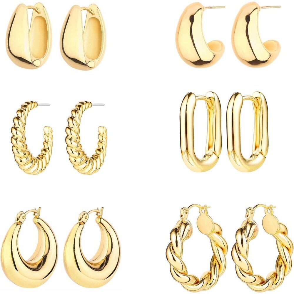 6 Pairs 14K Gold Hoop Earrings for Women, Lightweight Chunky Twisted Hug…